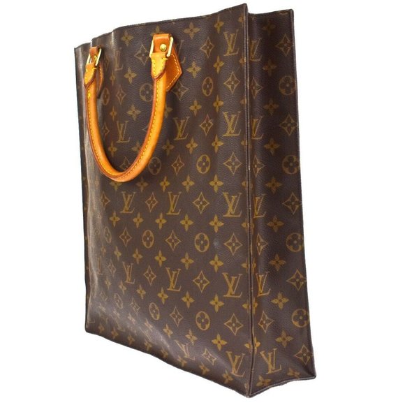 Authentic LOUIS VUITTON Logo Sac Plat Hand Tote Bag Monogram Leather Brown - Picture 10 of 10